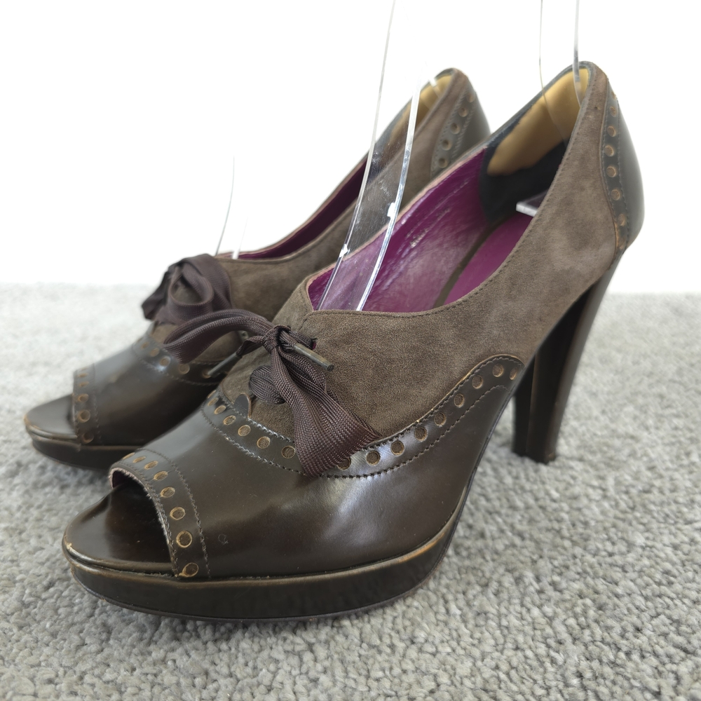 Coach Claudine Peep Toe Lace-Up Platform Heels Brown Designer Shoes Size 7.5